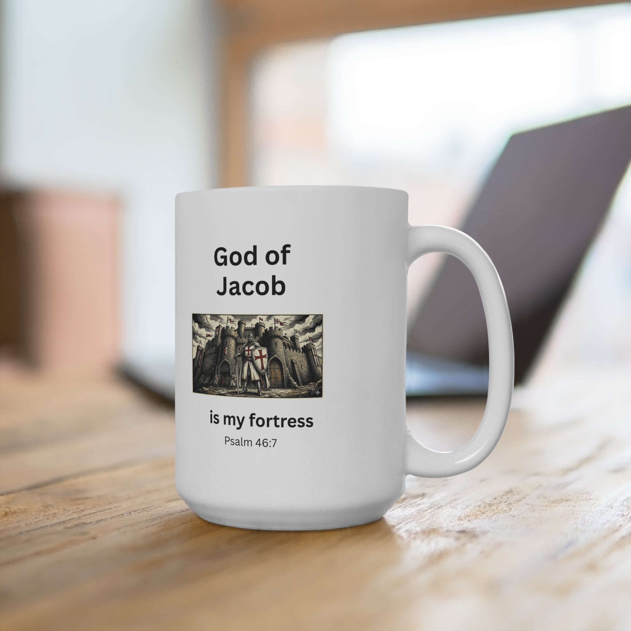 Christian Knight Mug Psalm 46:7 God of Jacob Fortress Coffee Cup Faith Warrior Gift