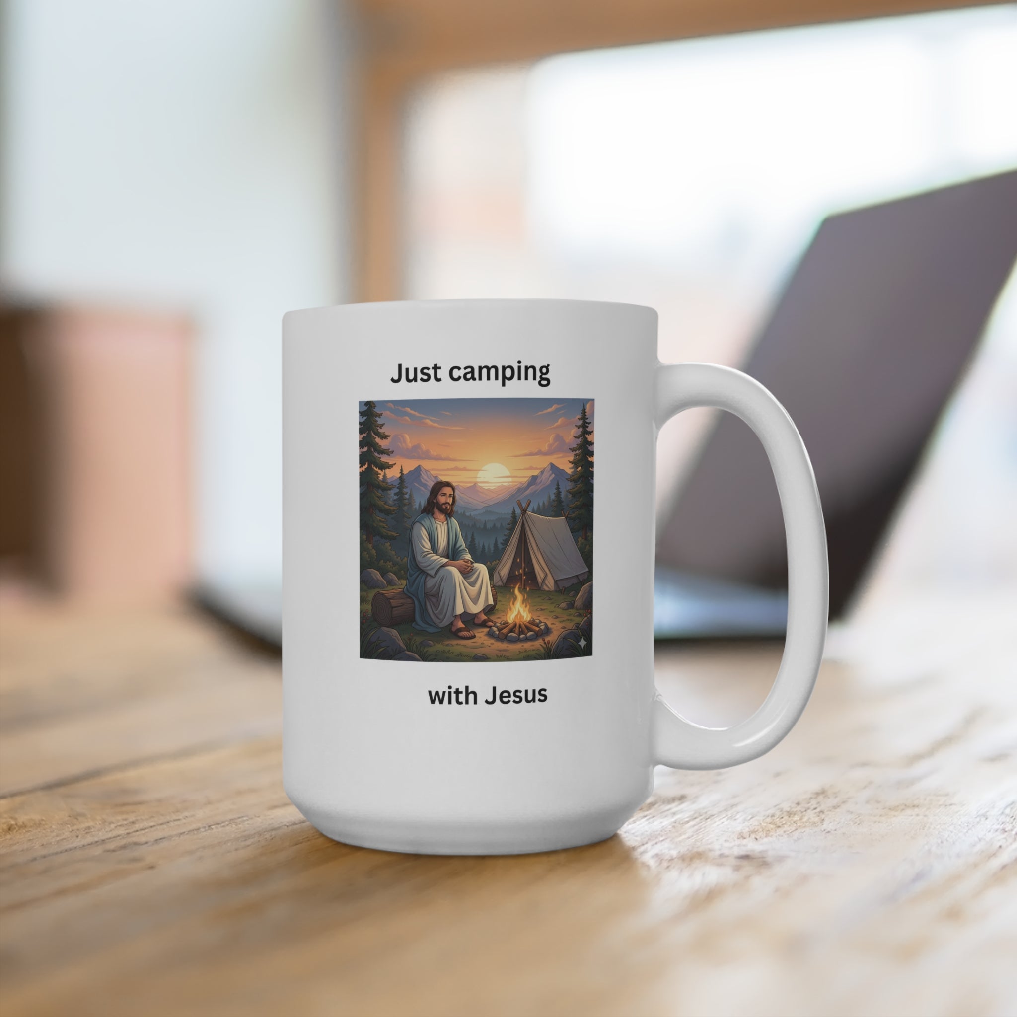 Jesus Camping Mug – Christian Coffee Cup – Faith Inspired Mountain Campfire Design – Inspirational Religious Gift for Believers