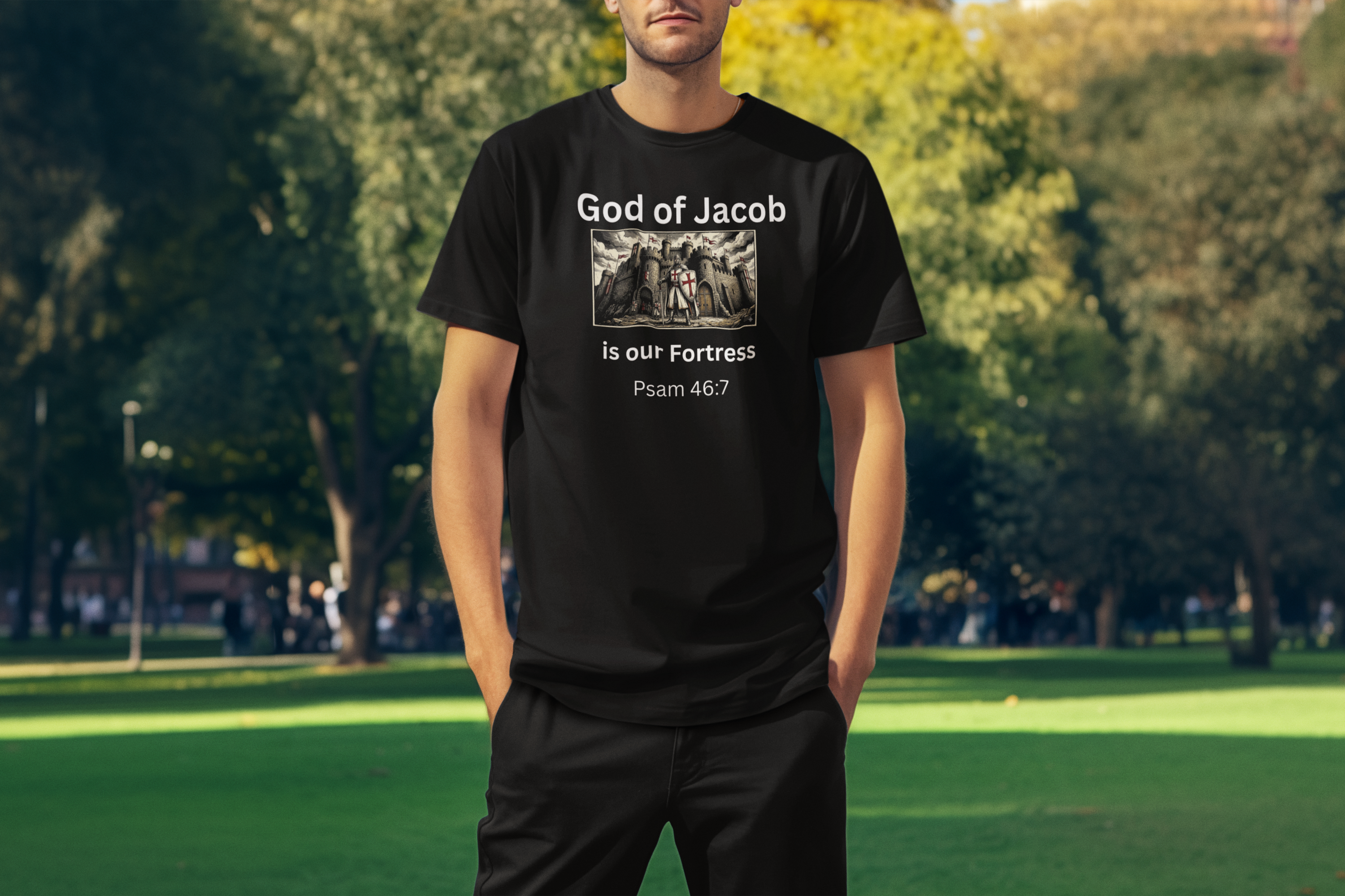 Christian Knight Fortress Shirt Psalm 46:7 God of Jacob Faith Warrior Medieval Armor Tee