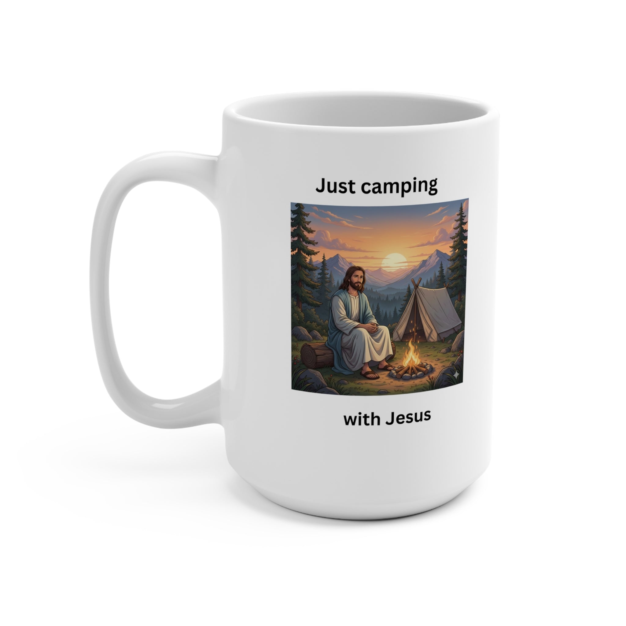 Jesus Camping Mug – Christian Coffee Cup – Faith Inspired Mountain Campfire Design – Inspirational Religious Gift for Believers