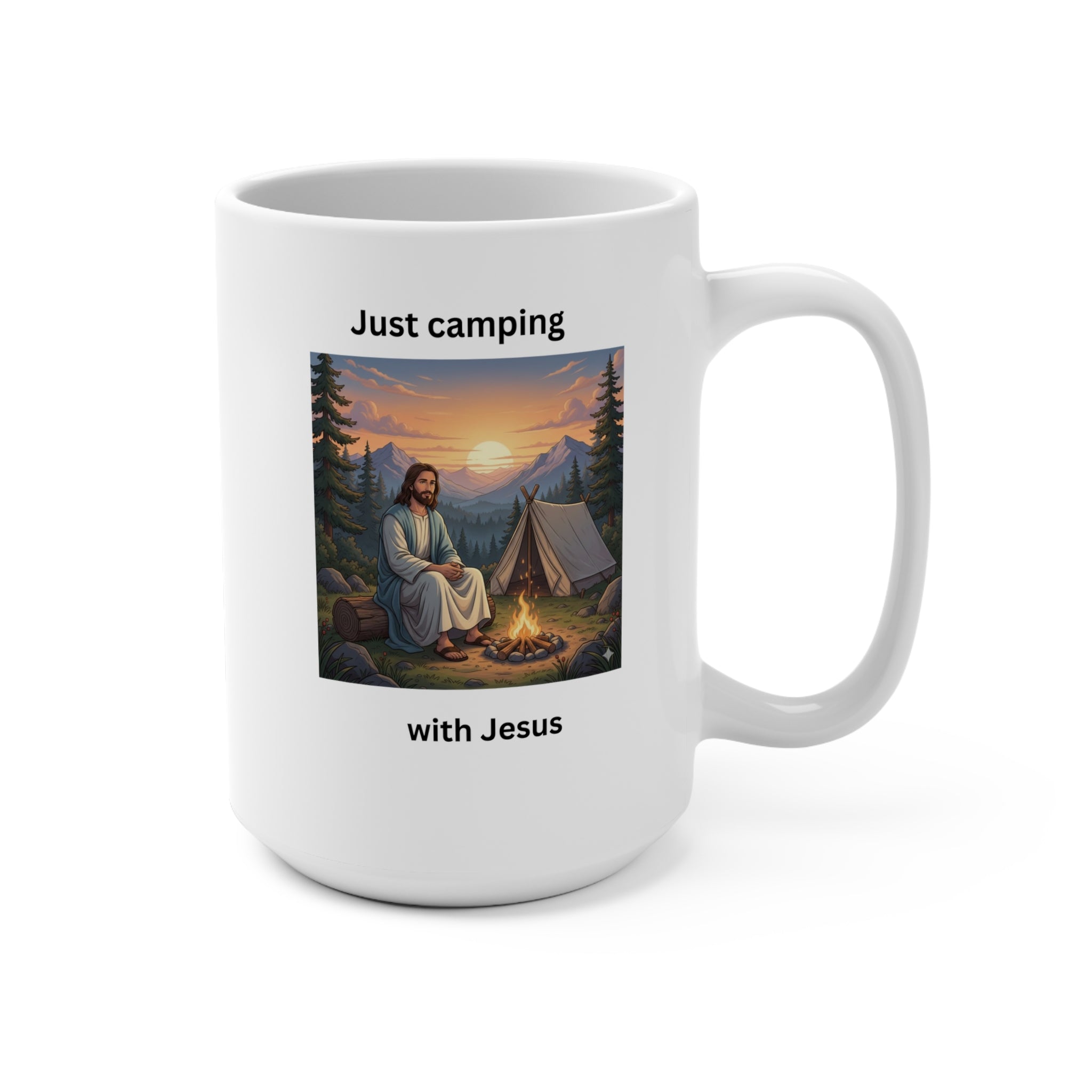 Jesus Camping Mug – Christian Coffee Cup – Faith Inspired Mountain Campfire Design – Inspirational Religious Gift for Believers